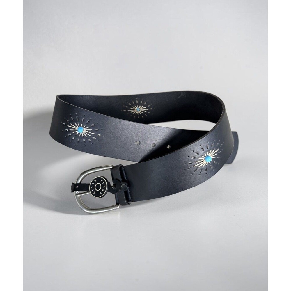 Perry Ellis Black Wide Leather Sunburst Boho Belt with Faux Turquoise Accents L